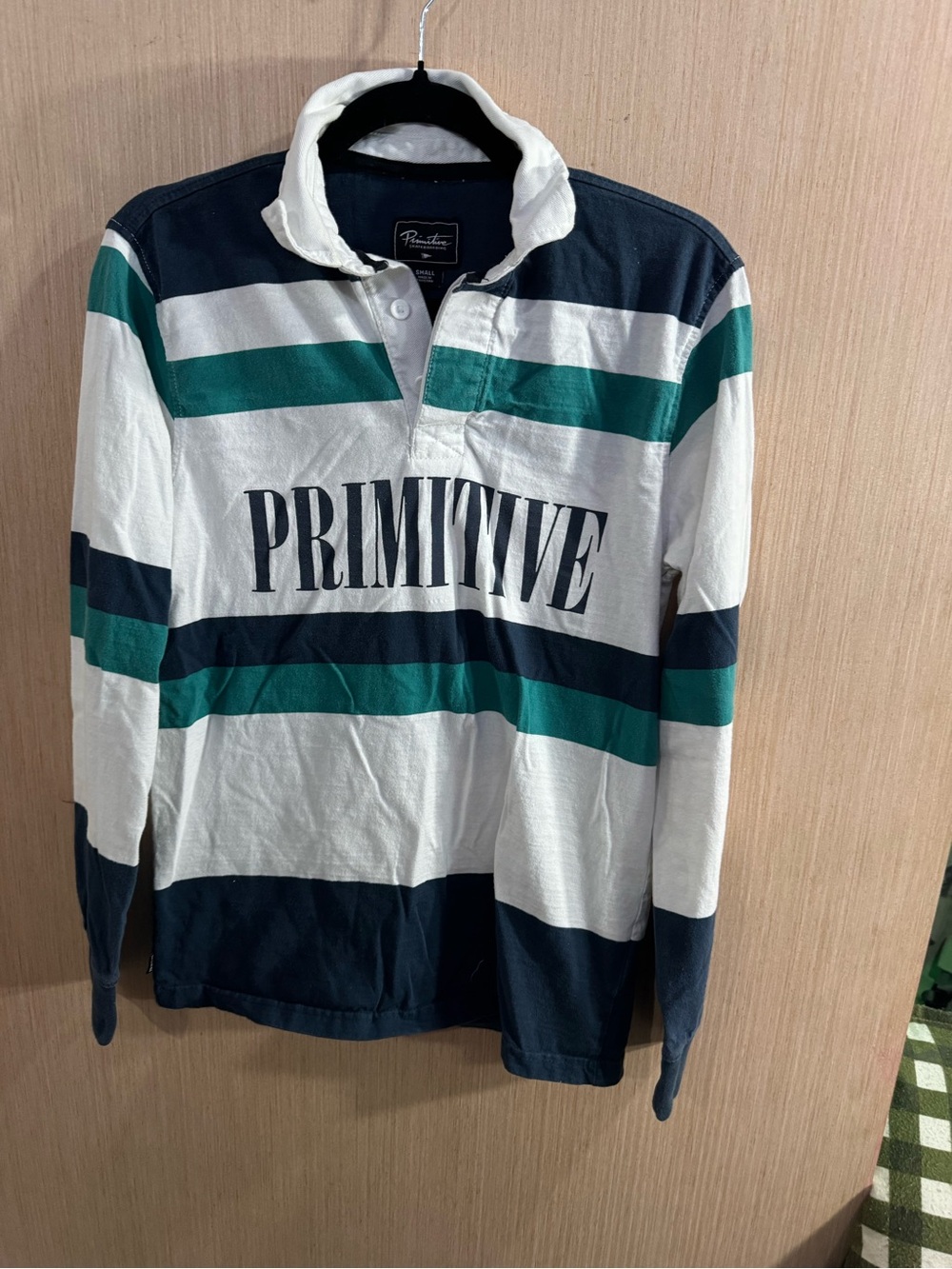 Primitive Long Sleeve Rugby Polo in White, Navy & Teal Size Small